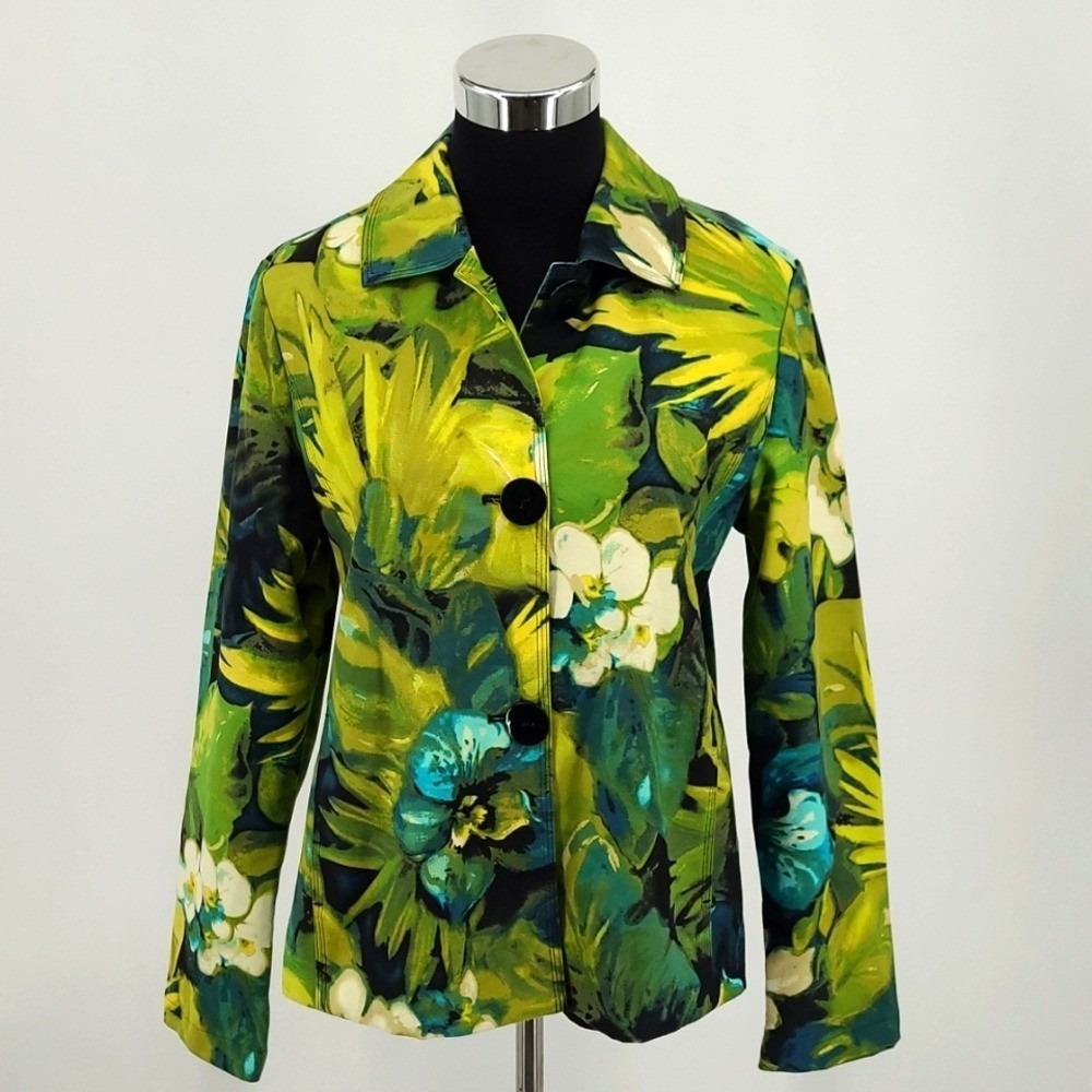 Chicos Tropical Floral Print Jacket Green Yellow Blue Size 1 Stretch Cotton